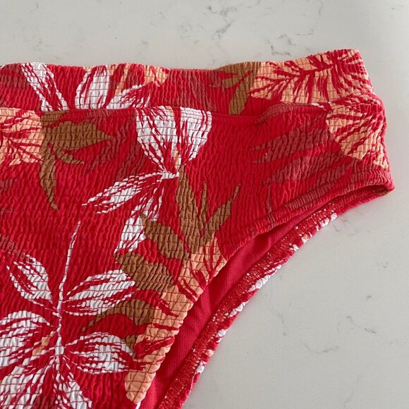 Roxy Tropical Palm Print Hi Waist Smocked Bikini Bottoms Red Wht Sz Au L US S-M - Picture 2 of 11